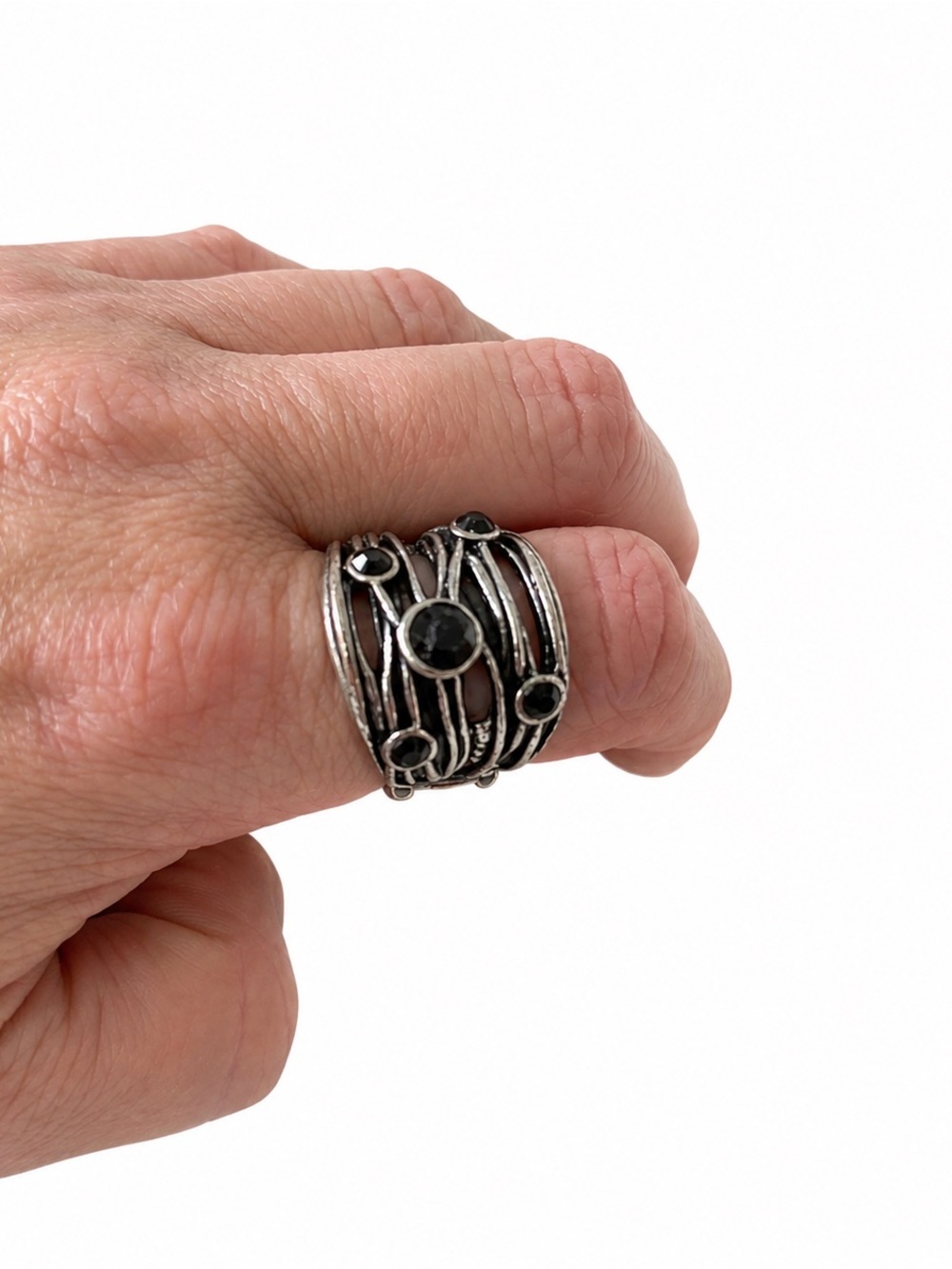 Silver Tone Black Crystal Multi-Row Stretch Statement Ring Boho Gothic Adjustab
